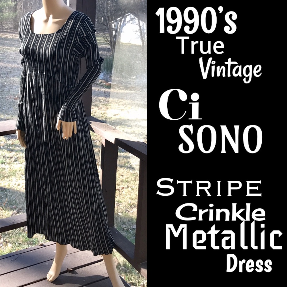 ▪️VTG▪️Ci SONO▪️90s Stripe Crinkle Metallic Dress